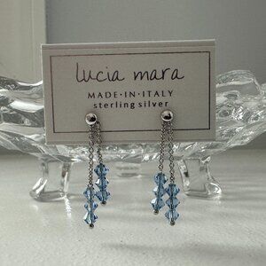 NWT! Lucia Mara Sterling Silver Double Row Blue Crystal Earrings Made in Italy